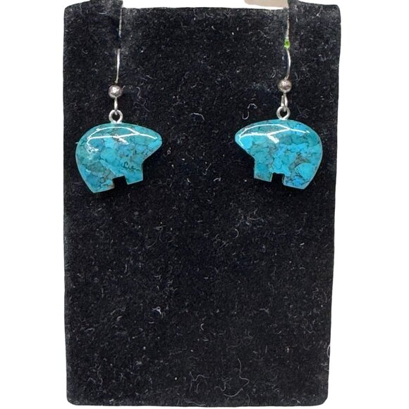 Vintage Carved Bear Fetish Sterling Silver 925 Turquoise Bear Earrings Dangle - Picture 3 of 7